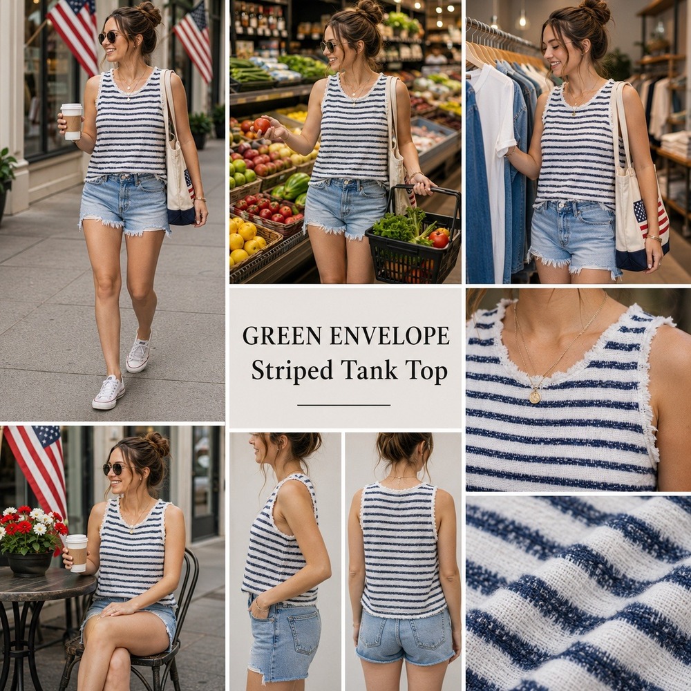 Green Envelope‎ Los Angeles Women Stripe Fringe Trim Tank Top Navy White Small